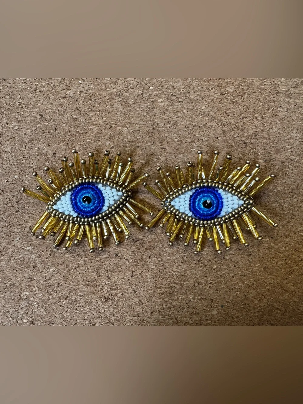 Handmade Beaded Eye Statement Earrings - Blue and Gold